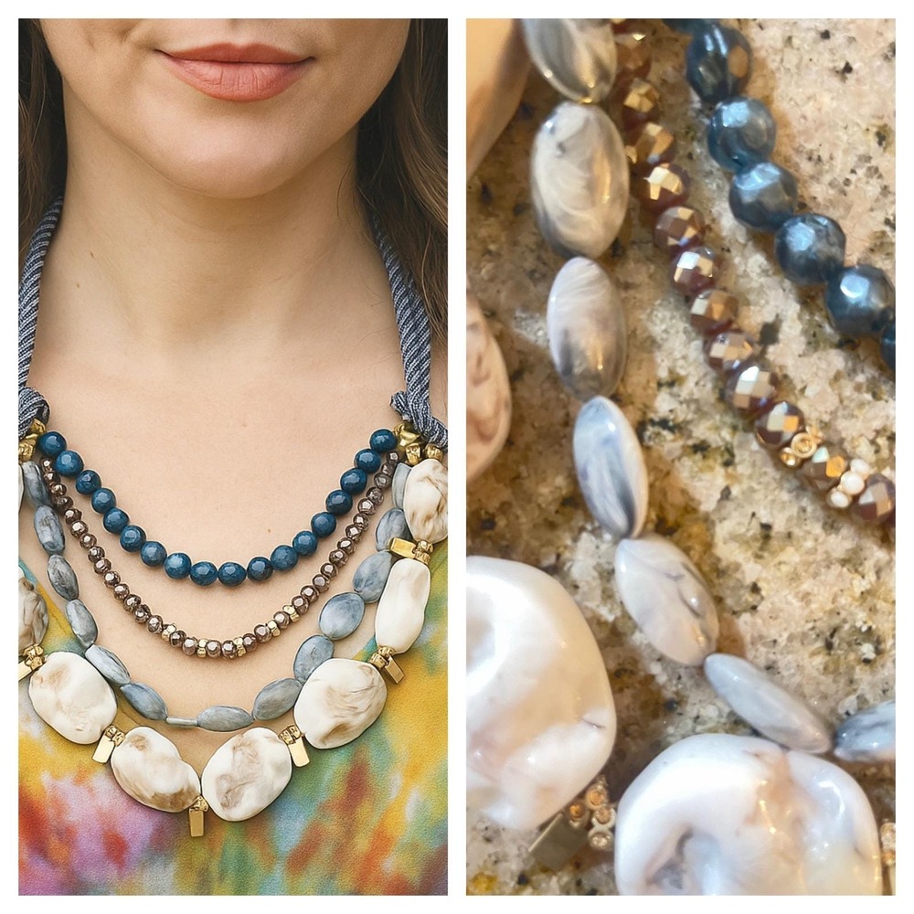 Boho Chic Multi-Strand Statement Necklace – Natural Stone & Beaded Rope Design